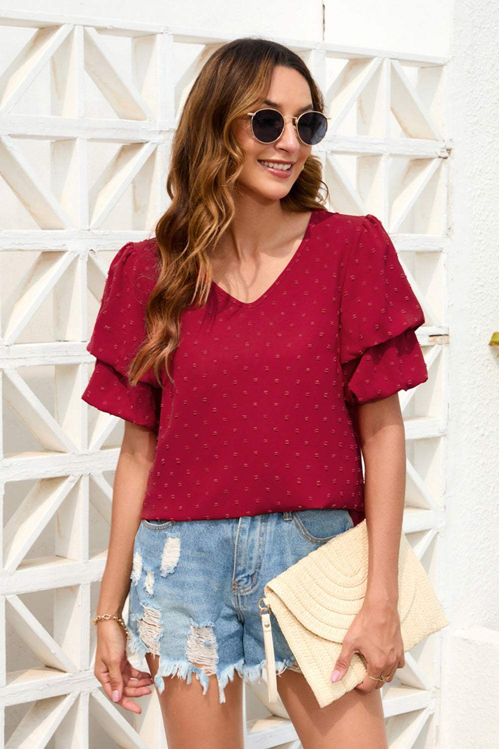 Swiss Dot V-Neck Short Sleeve Blouse - Trendsi - Flyclothing LLC