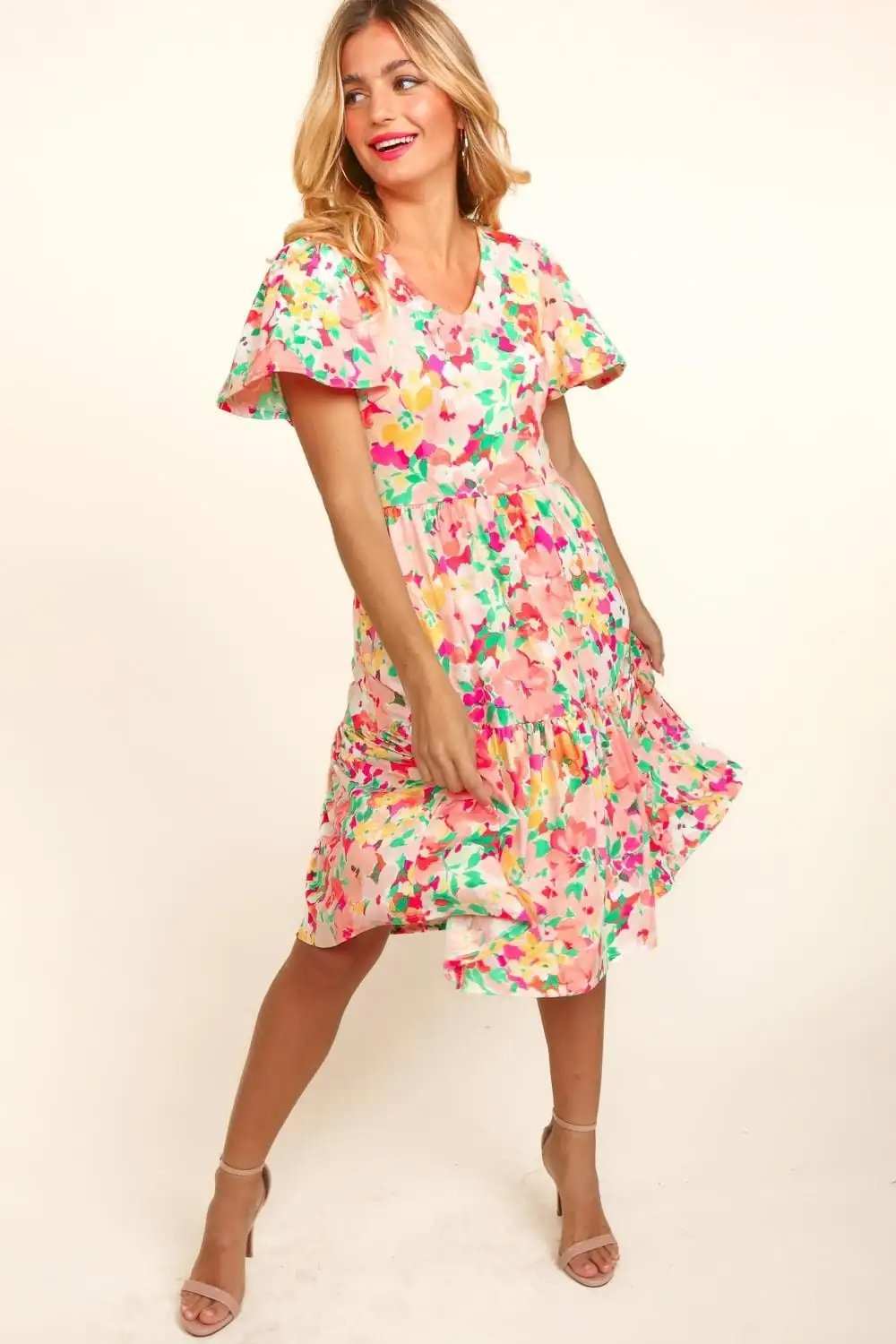 Haptics Tiered Floral Midi Dress with Pockets - Trendsi - Flyclothing LLC