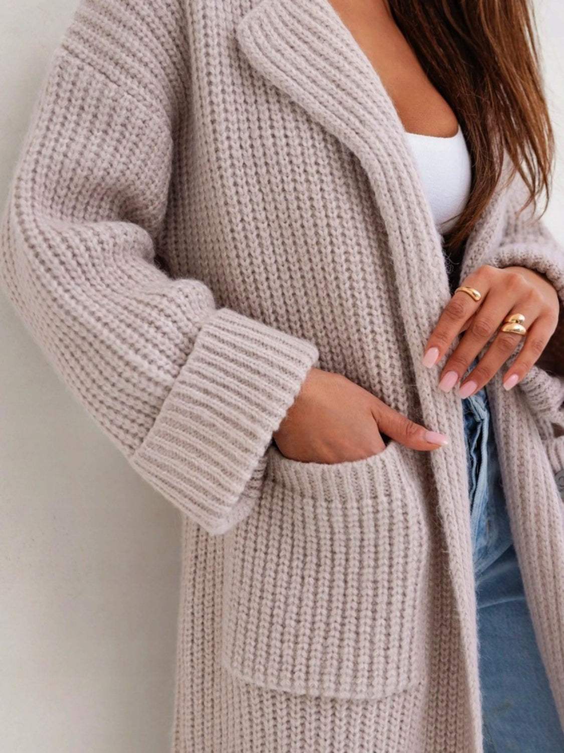 Pocketed Collared Neck Dropped Shoulder Cardigan - Trendsi - Flyclothing LLC