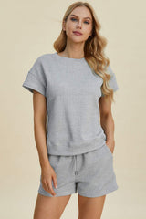 Double Take Full Size Texture Short Sleeve Top and Shorts Set - Trendsi - Flyclothing LLC