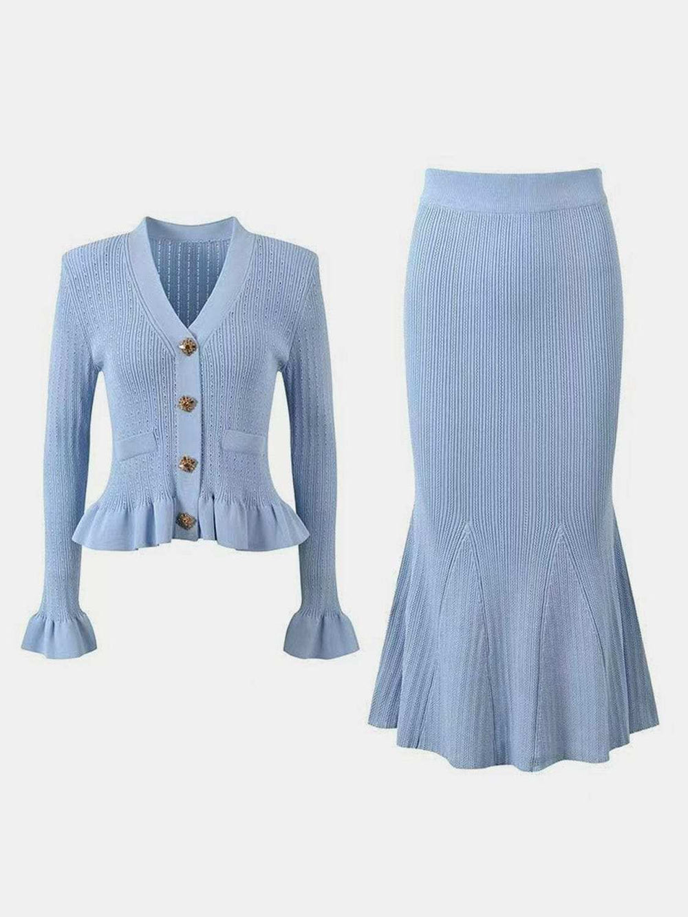 Ruffled V-Neck Top and Midi Skirt Sweater Set - Trendsi - Flyclothing LLC