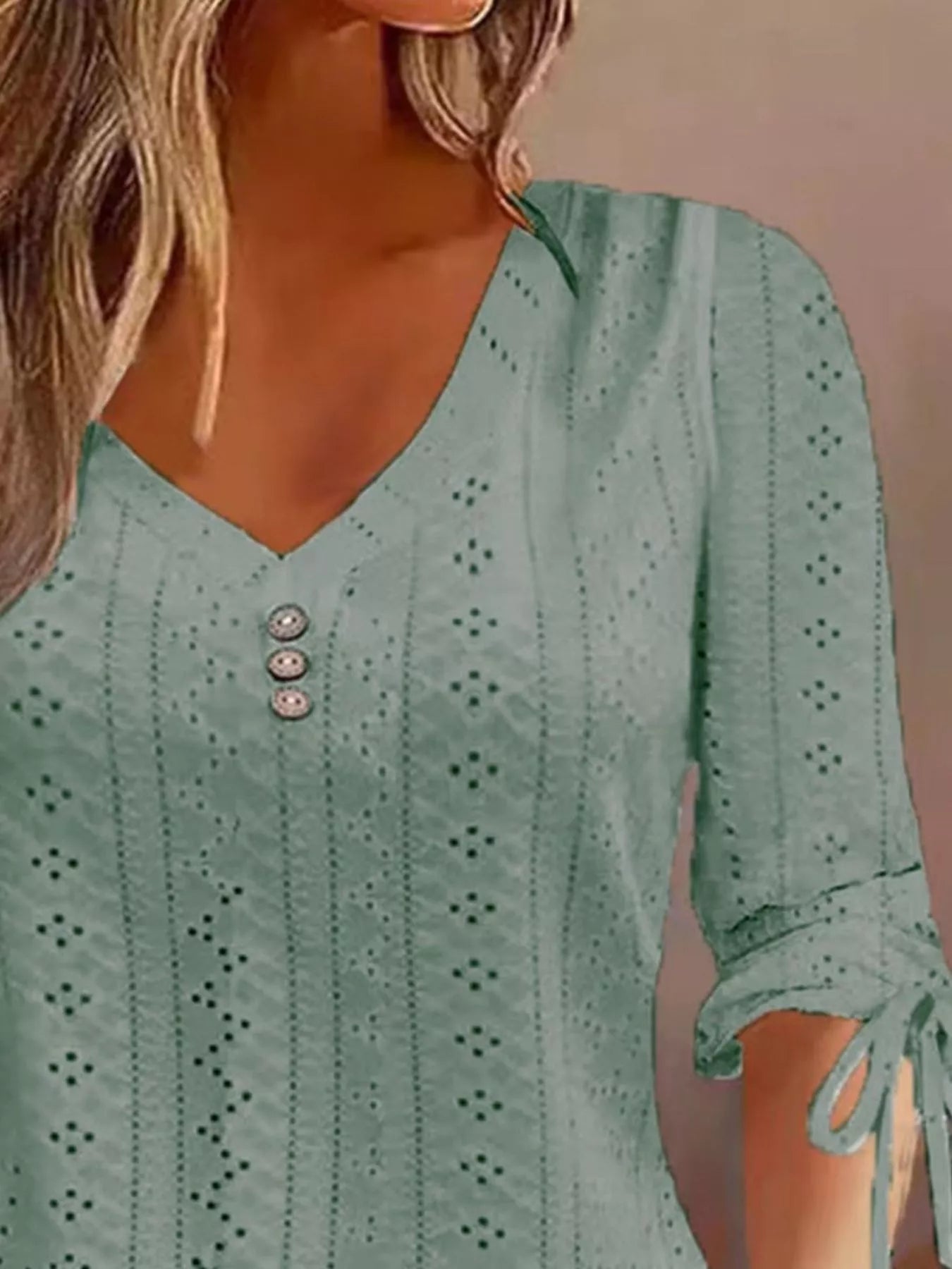 Full Size V-Neck Eyelet Drawstring Sleeve Top Plus Size - Trendsi - Flyclothing LLC