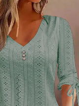 Full Size V-Neck Eyelet Drawstring Sleeve Top Plus Size - Trendsi - Flyclothing LLC