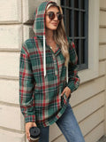 Drawstring Plaid Hooded Long Sleeve Top - Trendsi
