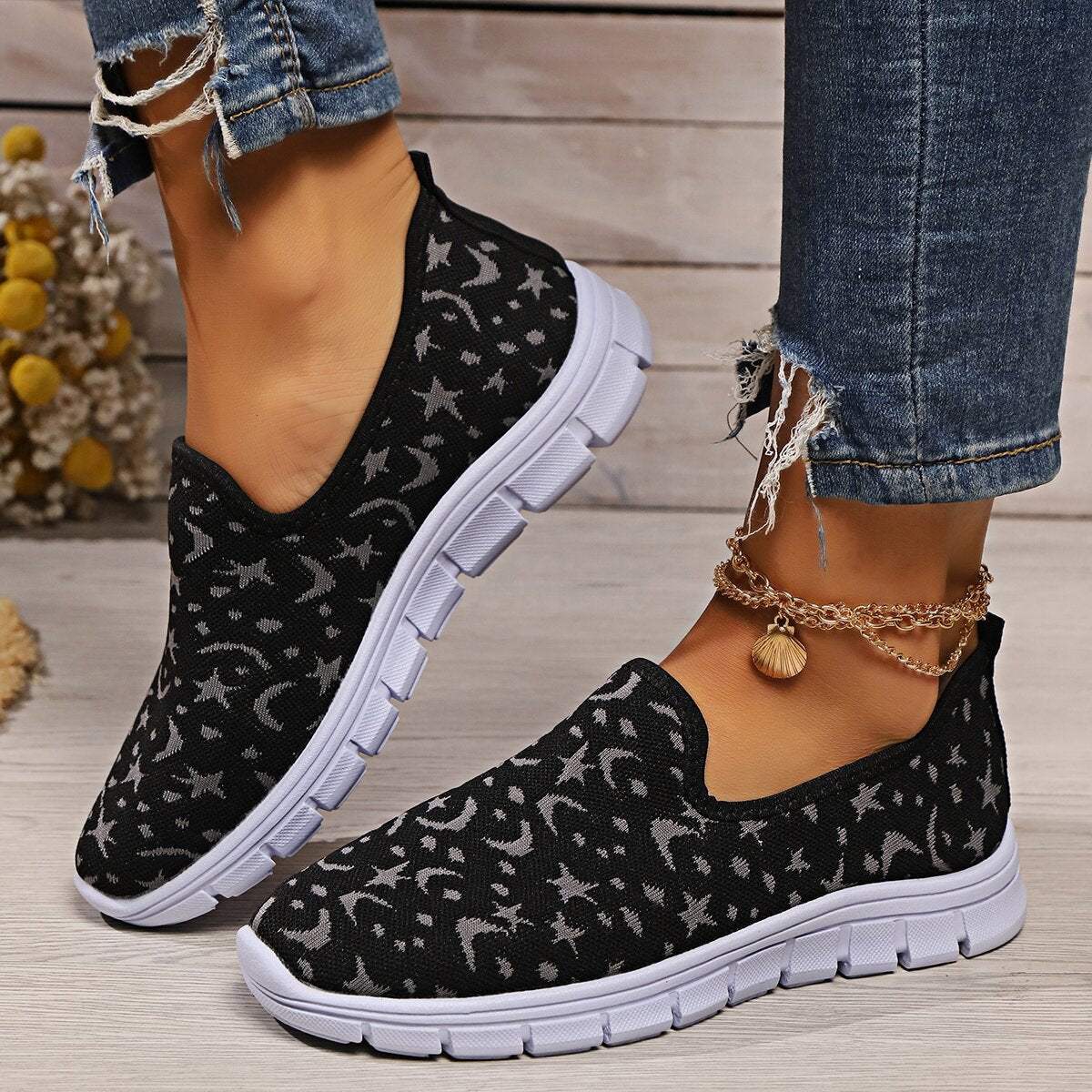 Star & Moon Pattern Flat Loafers - Trendsi - Flyclothing LLC