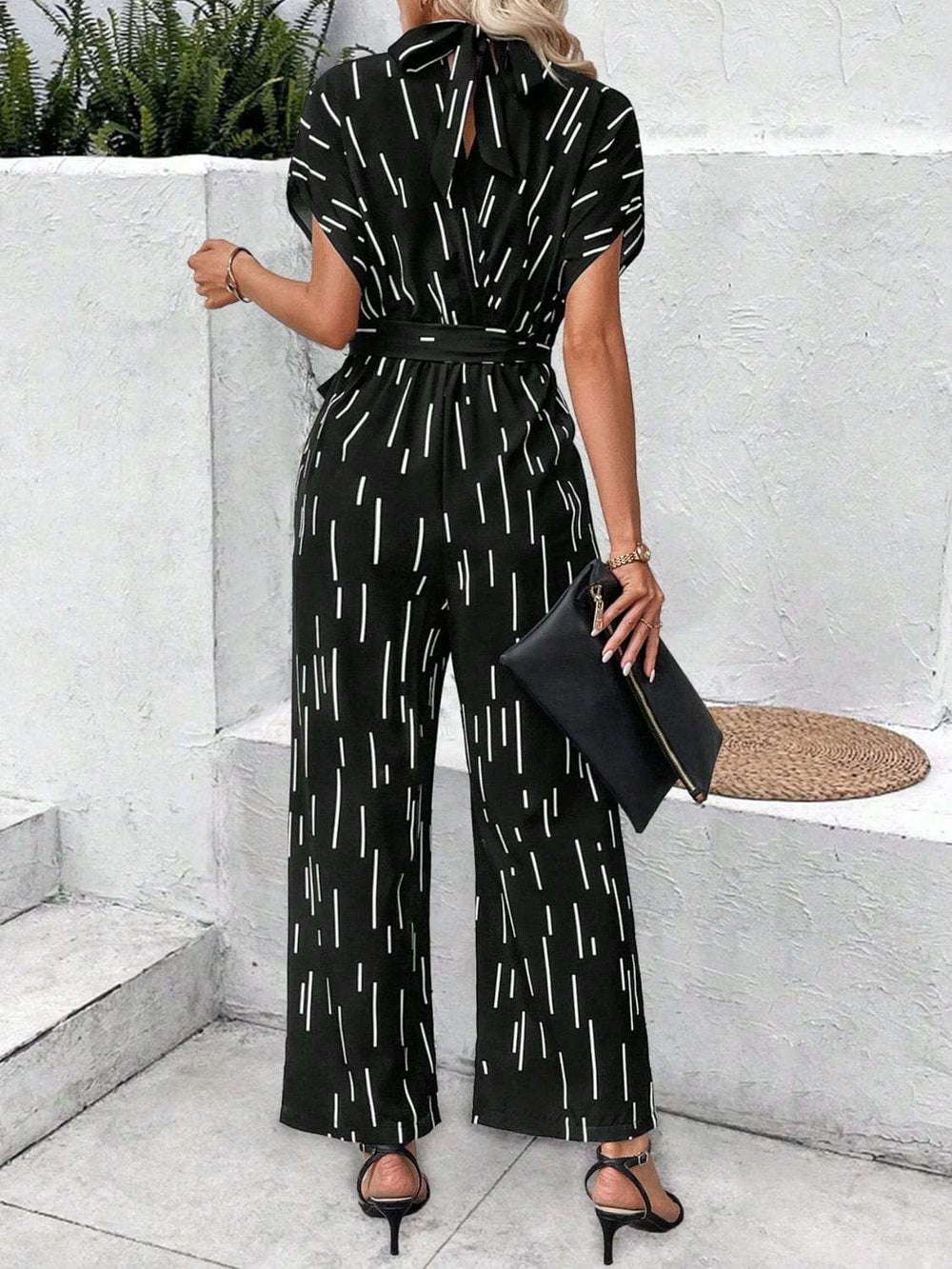 Tied Printed Mock Neck Wide Leg Jumpsuit - Trendsi - Flyclothing LLC