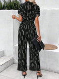 Tied Printed Mock Neck Wide Leg Jumpsuit - Trendsi