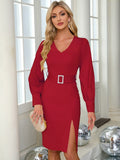 Slit V-Neck Long Sleeve Knee Length Dress - Trendsi