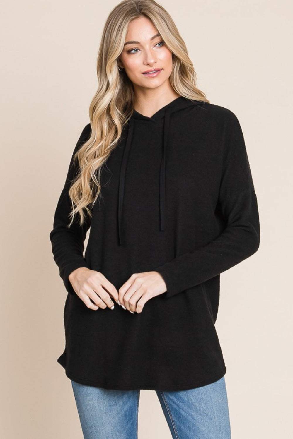 BOMBOM Contrast Drawstring Drop Shoulder Knit Hoodie - Trendsi - Flyclothing LLC