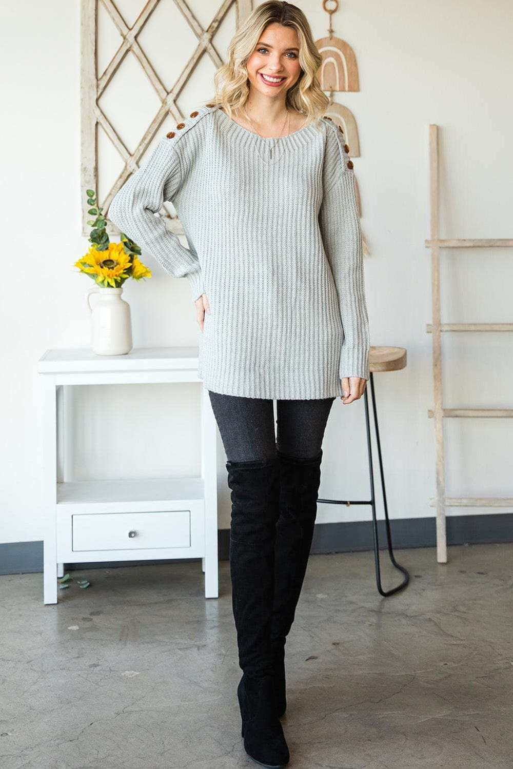Side Slit Boat Neck Long Sleeve Sweater - Trendsi - Flyclothing LLC