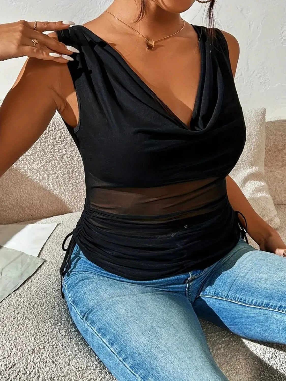 Side Drawstring Ruched Tank - Trendsi - Flyclothing LLC