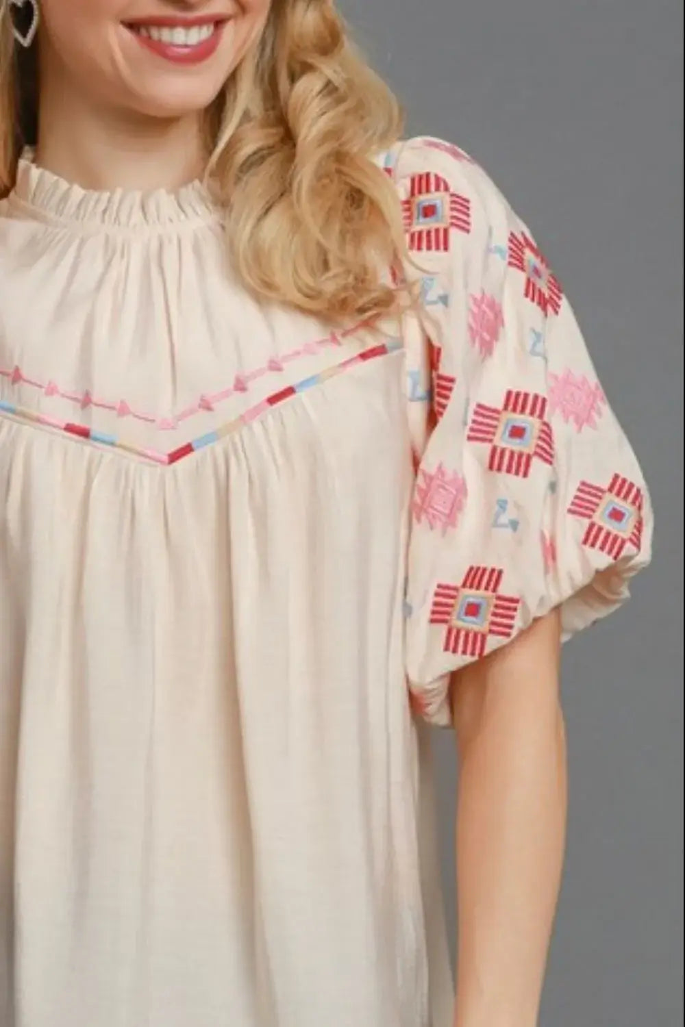 Umgee Full Size Embroidered Puff Sleeve Mock Neck Top Plus Size - Trendsi - Flyclothing LLC