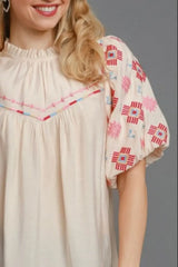 Umgee Full Size Embroidered Puff Sleeve Mock Neck Top Plus Size - Trendsi - Flyclothing LLC