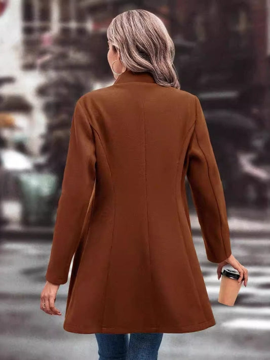 Collared Neck Long Sleeve Longline Coat - Trendsi