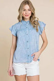 Lime 'N' Chili Mineral Wash Flutter Sleeve Button Down Shirt - Trendsi - Flyclothing LLC