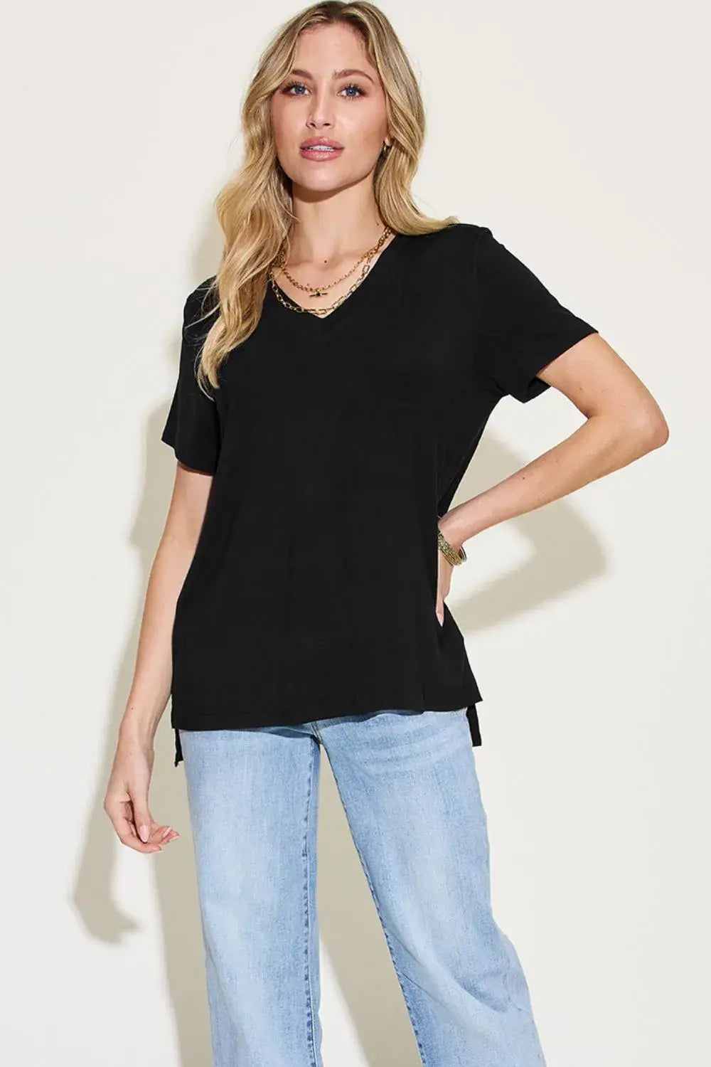 Basic Bae Full Size V-Neck High-Low T-Shirt - Trendsi - Flyclothing LLC