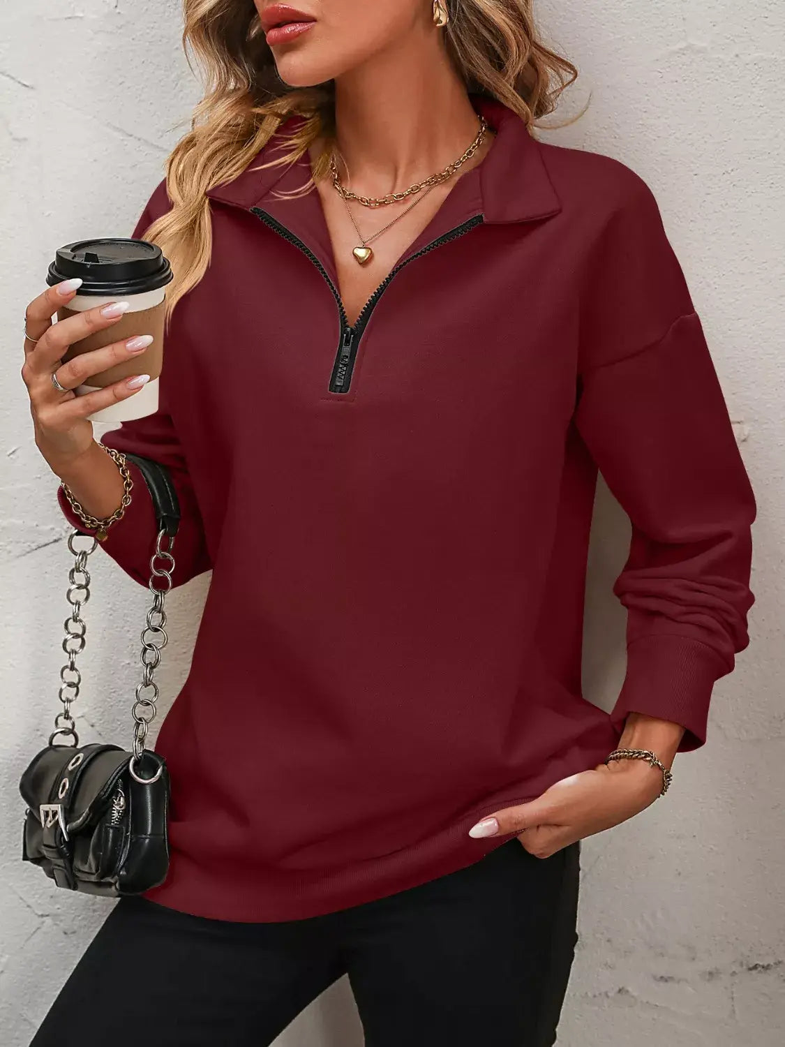 Quarter Zip Dropped Shoulder Sweatshirt - Trendsi - Flyclothing LLC