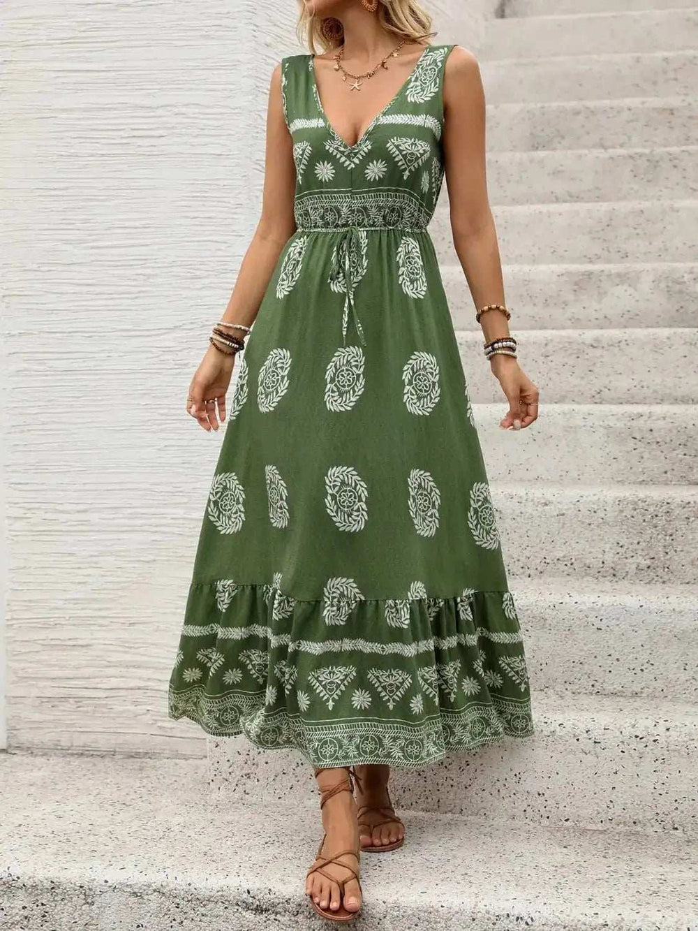Printed V-Neck Sleeveless Dress - Trendsi - Flyclothing LLC