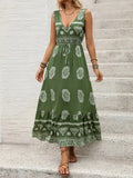 Printed V-Neck Sleeveless Dress - Trendsi