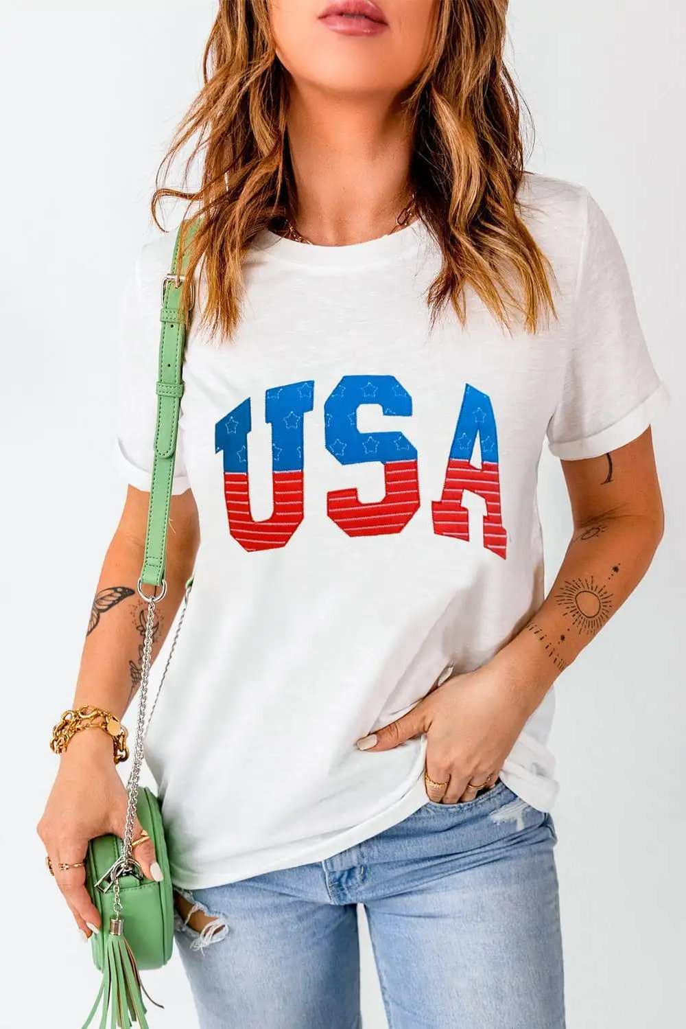 USA Round Neck Short Sleeve T-Shirt - Trendsi - Flyclothing LLC