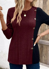 Color Block Ribbed Knit Decor Button T-Shirt - Trendsi - Flyclothing LLC