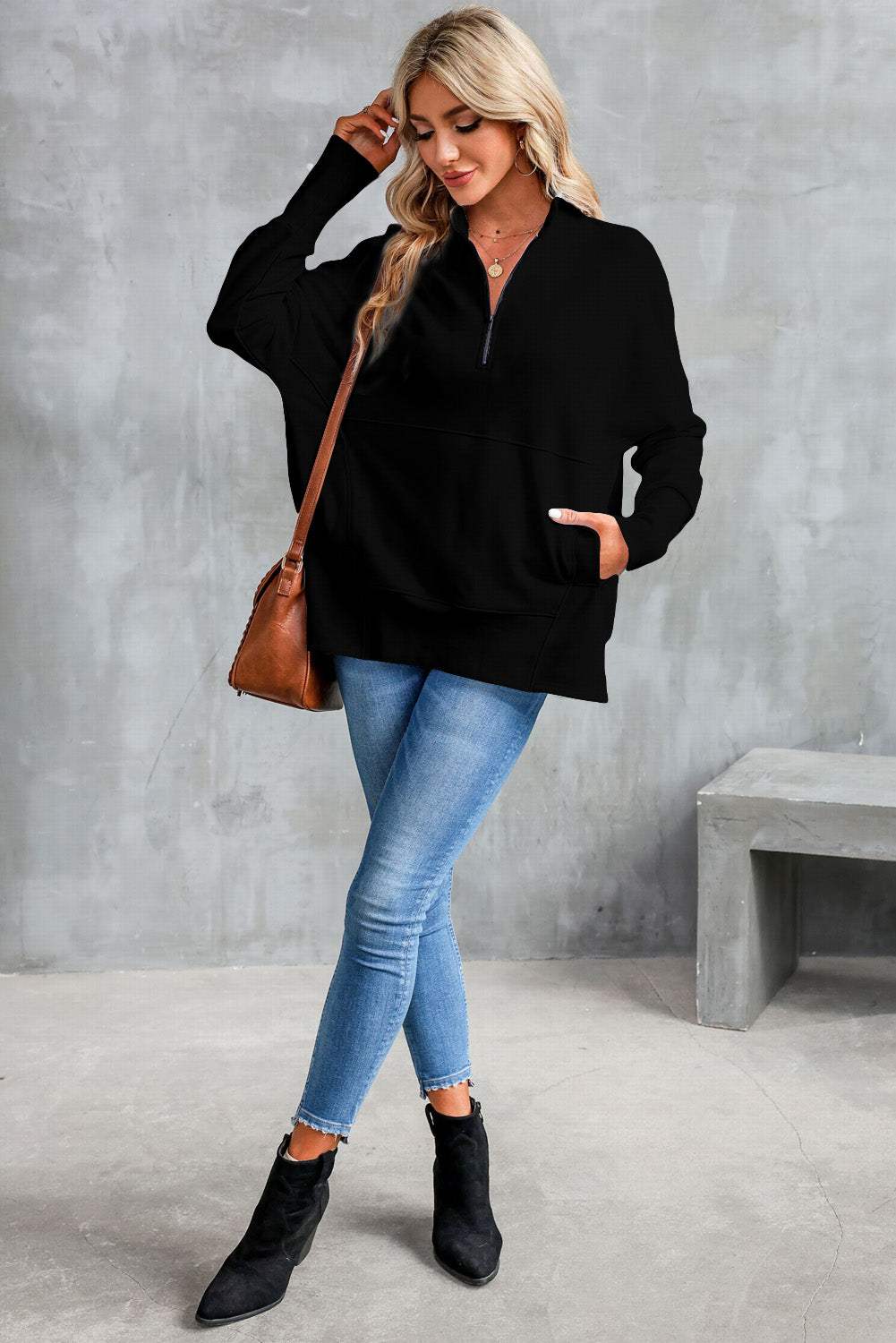 Half Zip Pocketed Dropped Shoulder Sweatshirt - Trendsi - Flyclothing LLC