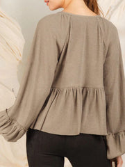 Notched Balloon Sleeve Peplum Blouse - Trendsi