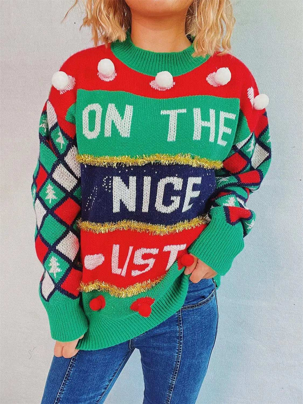 Pom-Pom Contrast Round Neck Long Sleeve Sweater - Trendsi - Flyclothing LLC