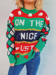 Pom-Pom Contrast Round Neck Long Sleeve Sweater - Trendsi