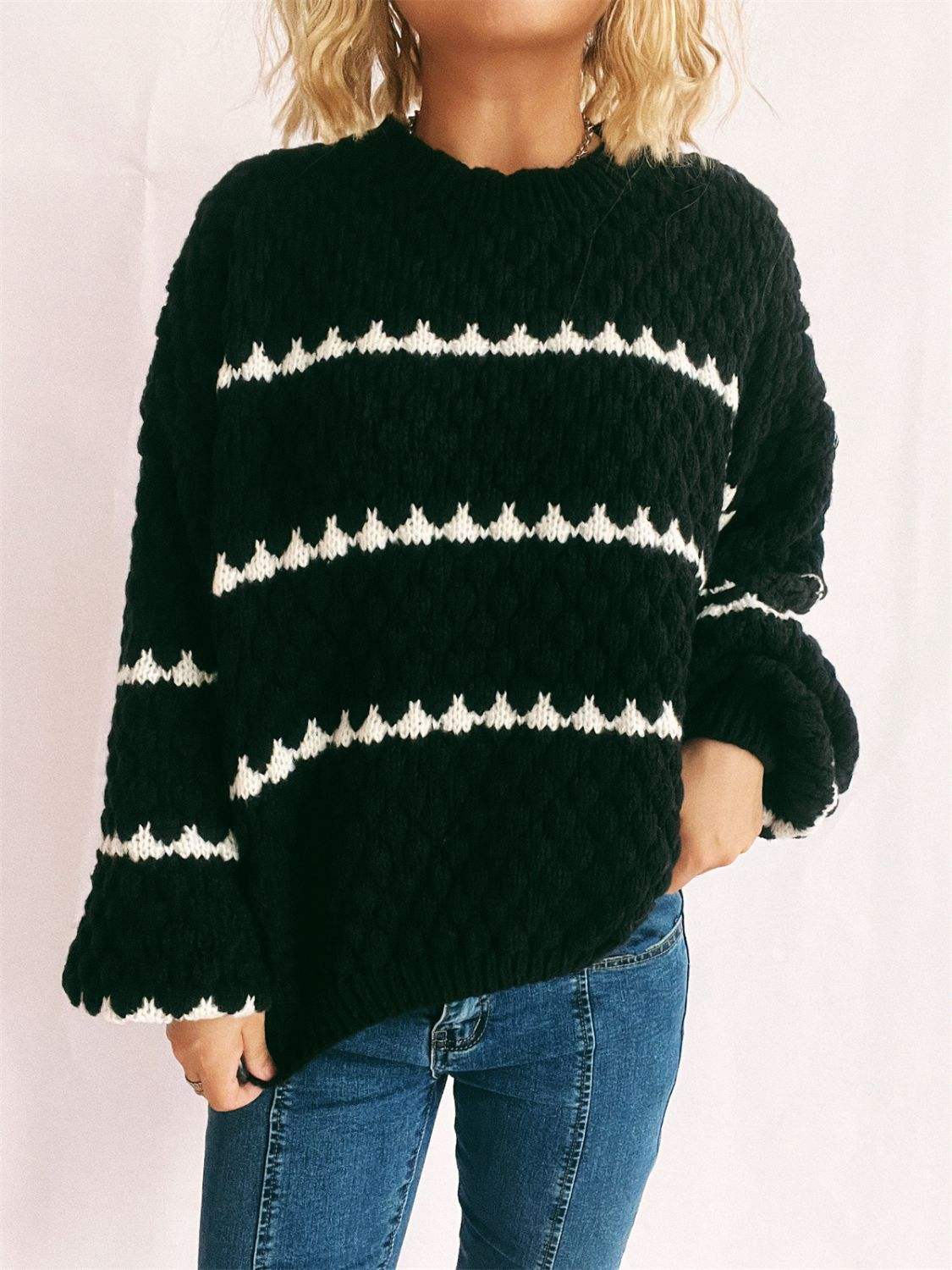 Contrast Stripes Round Neck Long Sleeve Sweater - Trendsi - Flyclothing LLC
