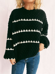 Contrast Stripes Round Neck Long Sleeve Sweater - Trendsi