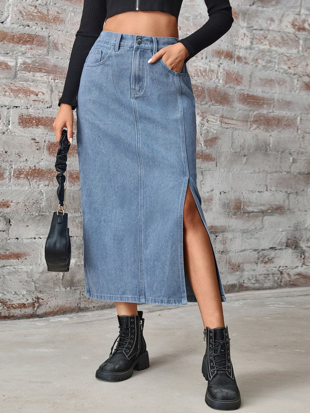 Slit High Waist Denim Skirt with Pockets - Trendsi