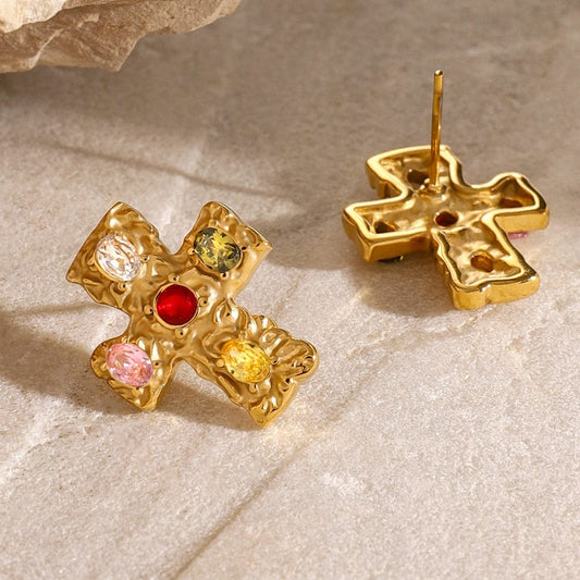 18K Gold-Plated Zircon Cross Earrings - Trendsi