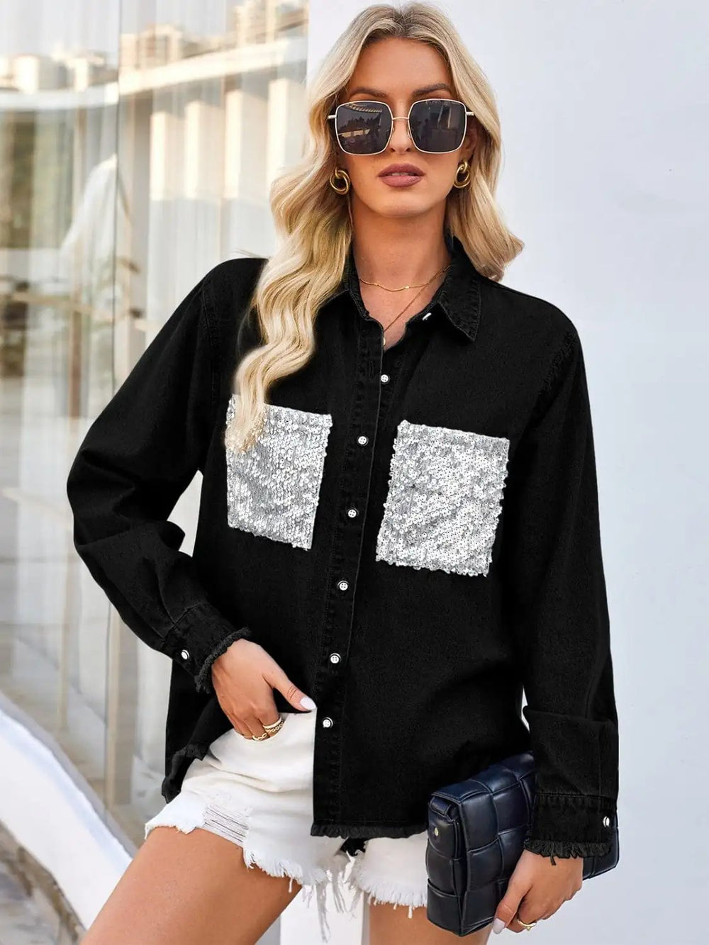 Raw Hem Button Up Long Sleeve Denim Jacket with Sequin Pockets - Trendsi - Flyclothing LLC