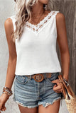 Lace Detail Textured V-Neck Tank - Trendsi