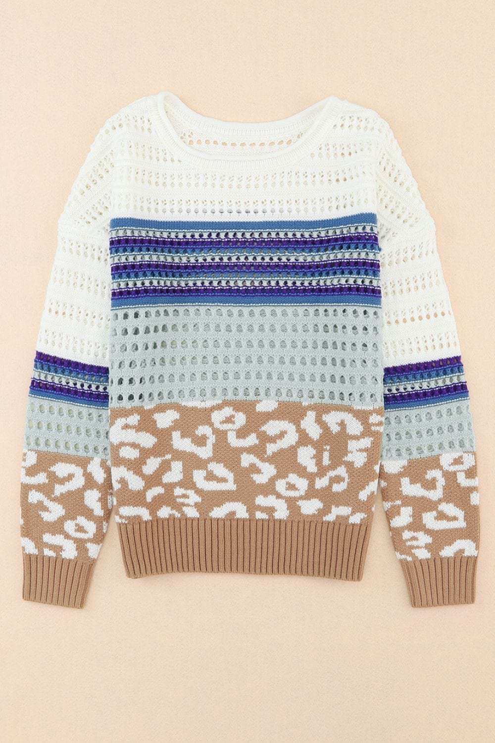 Leopard Striped Round Neck Crochet Knit Top - Trendsi - Flyclothing LLC