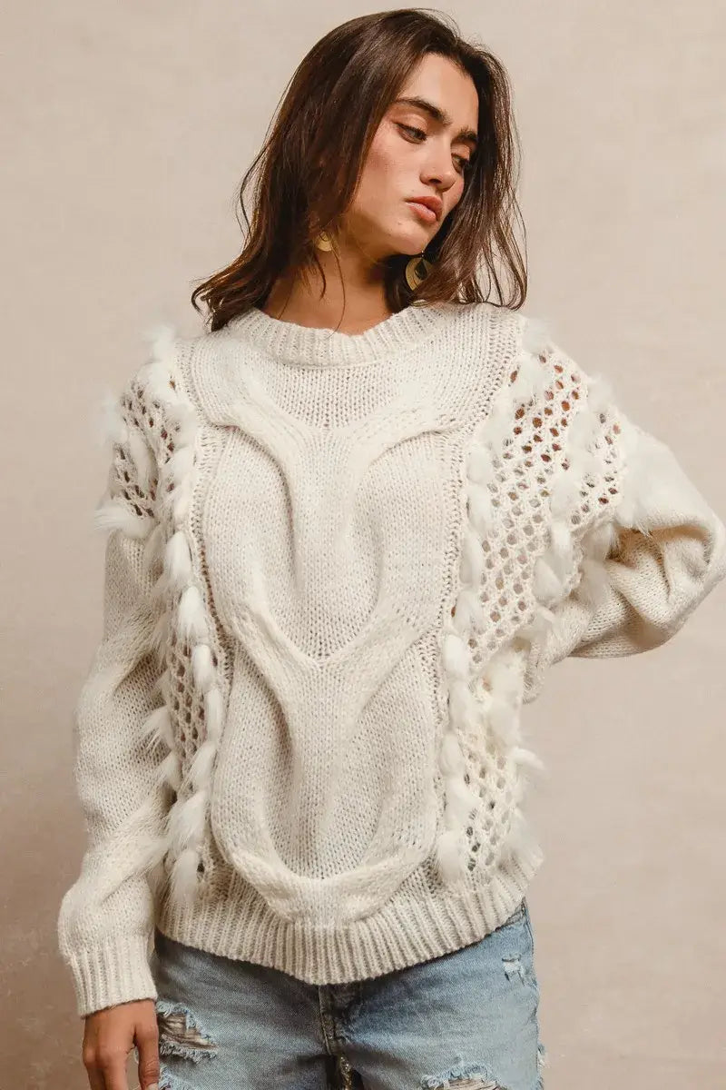 BiBi Faux Fur Detailed Pointelle Cable Knit Sweater - Trendsi - Flyclothing LLC