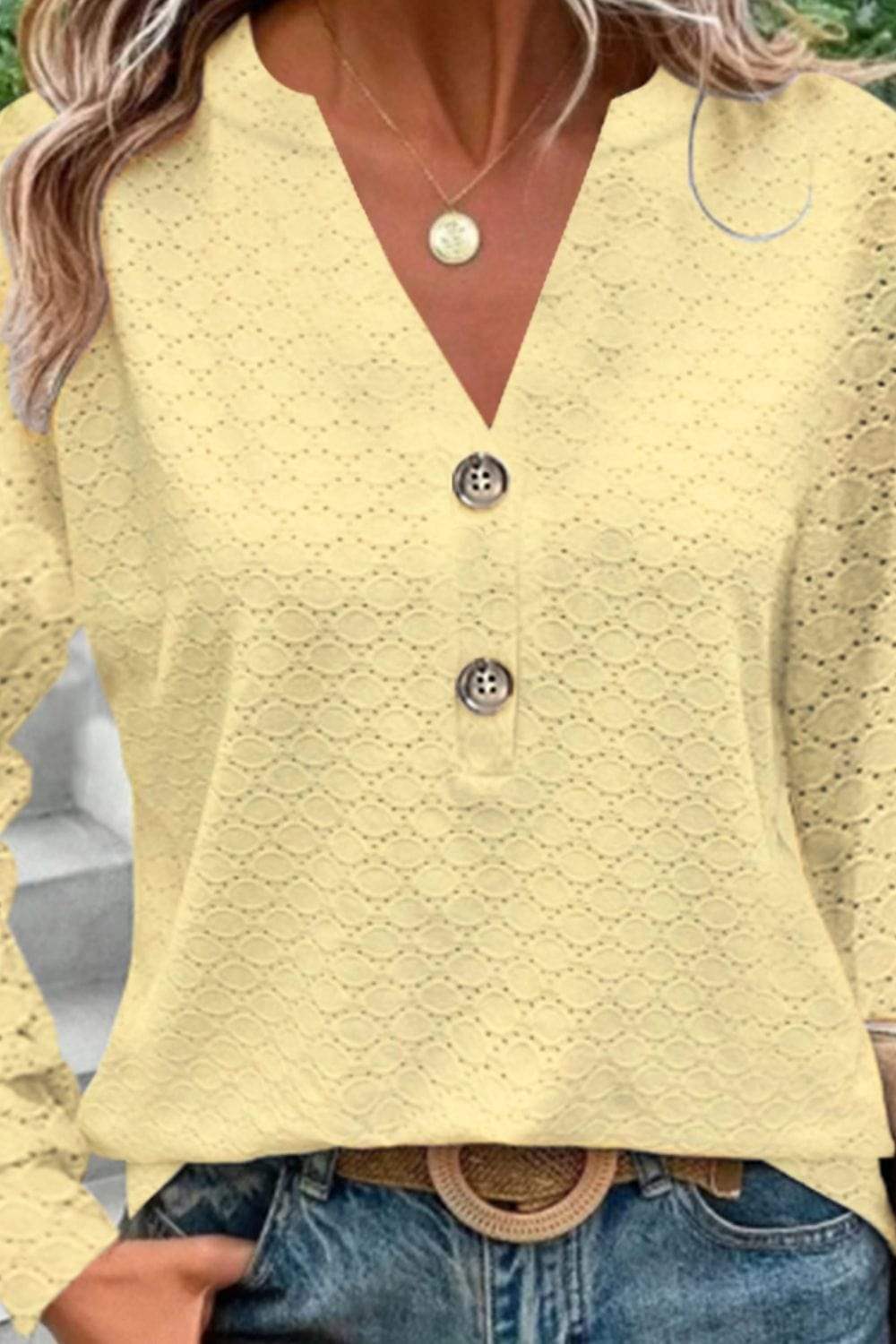 Eyelet Notched Long Sleeve T-Shirt - Trendsi - Flyclothing LLC