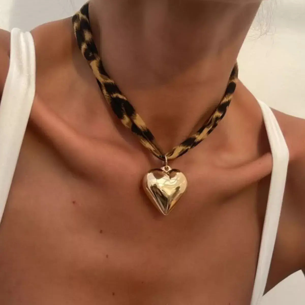 Leopard Print Choker with Golden Heart Pendant Necklace - Trendsi - Flyclothing LLC