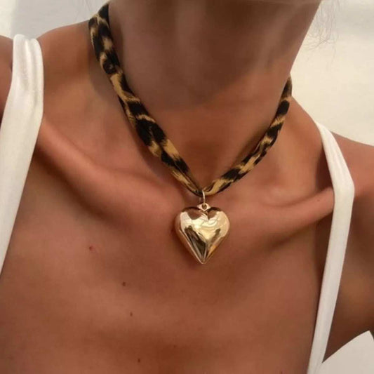 Leopard Print Choker with Golden Heart Pendant Necklace - Trendsi - Flyclothing LLC