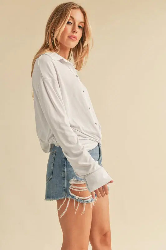 Aemi + Co Twisted Hemline Button Detail Collared Neck Top - Trendsi - Flyclothing LLC