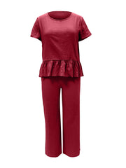 Peplum Round Neck Short Sleeve Top and Pants Set - Trendsi