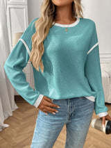 Ribbed Knit Contrast Trim Sweater - Trendsi - Flyclothing LLC