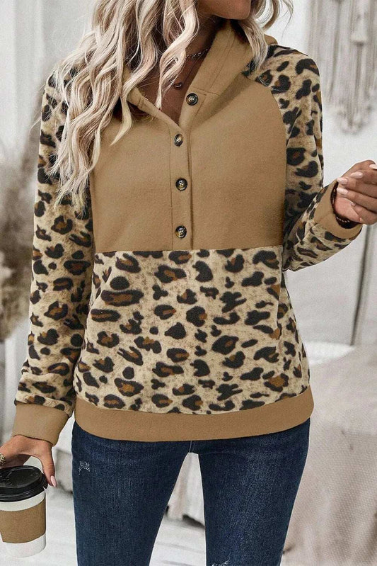 Leopard Half Button Long Sleeve Hoodie - Trendsi - Flyclothing LLC