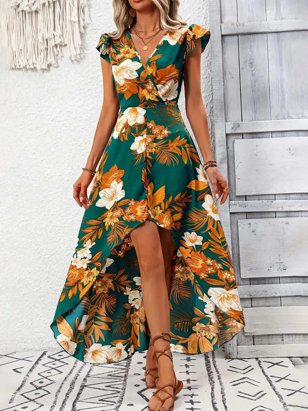 High-Low Printed Cap Sleeve Maxi Dress - Trendsi - Flyclothing LLC