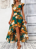 High-Low Printed Cap Sleeve Maxi Dress - Trendsi