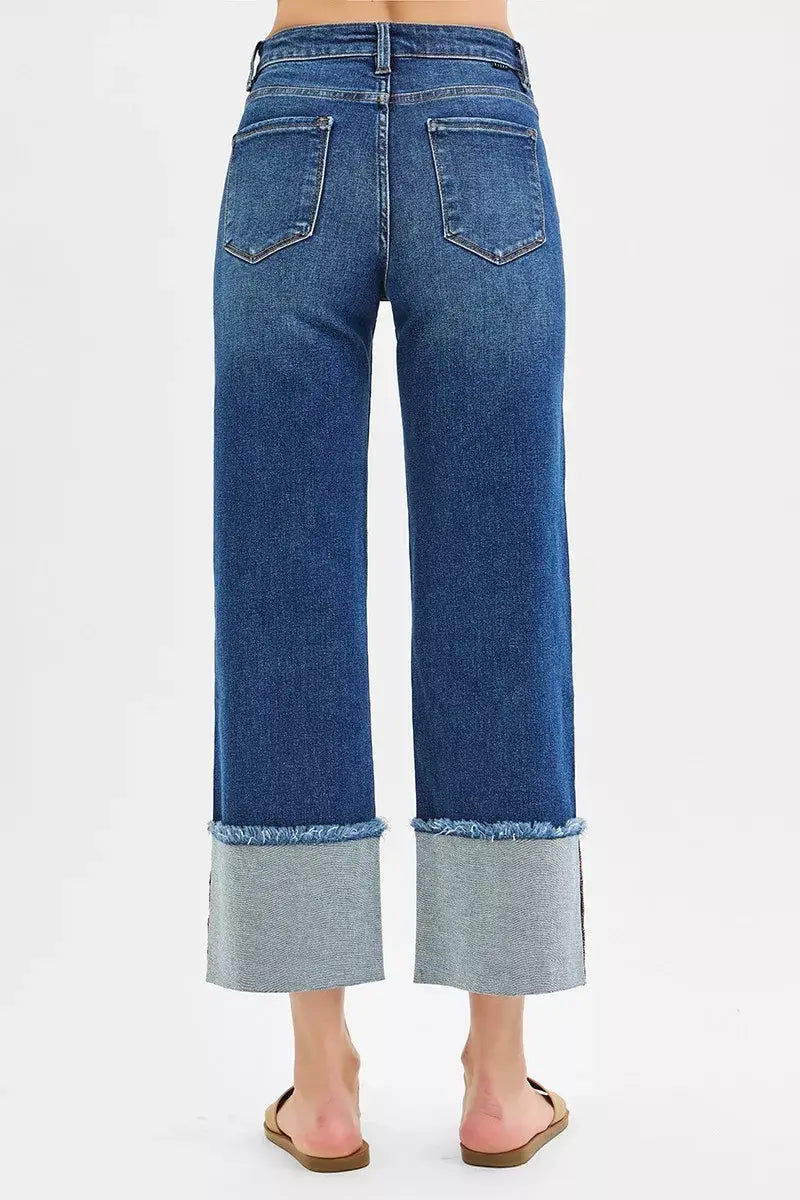 RISEN Full Size Mid Rise Crop Wide Wide Cuffed Jeans Plus Size - Trendsi - Flyclothing LLC