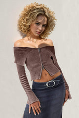 Double Take Ribbed Off-Shoulder Zip Up Long Sleeve Cardigan - Trendsi - Flyclothing LLC