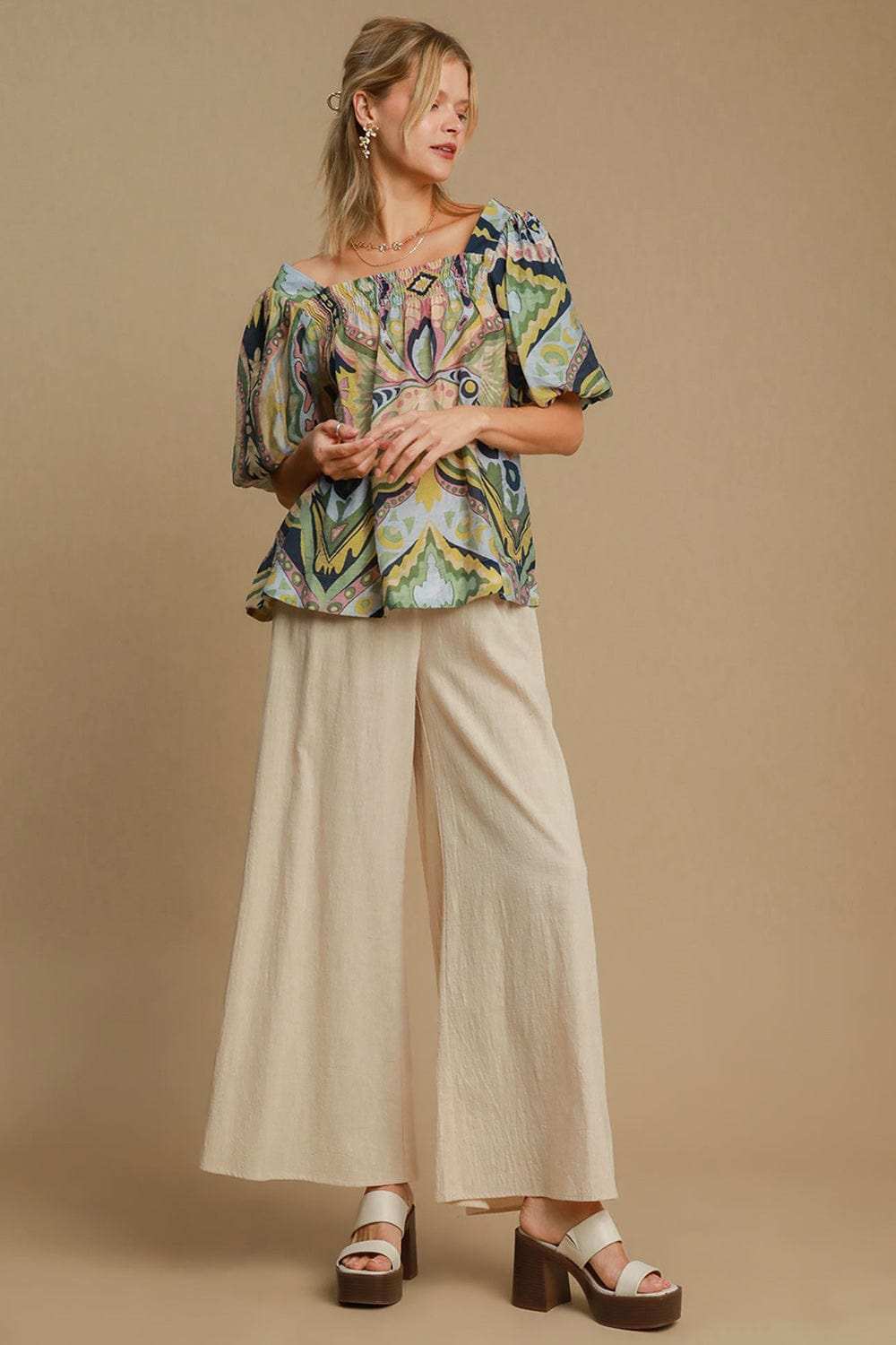 Umgee Full Size Abstract Print Smocked Square Neck Puff Sleeve Blouse - Trendsi - Flyclothing LLC