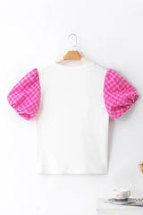 Round Neck Contrast Tweed Puff Sleeve Top - Trendsi - Flyclothing LLC